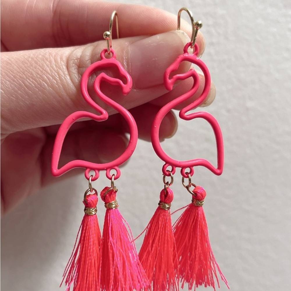 Statement flamingo tassel drop earrings